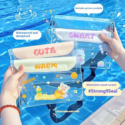 Waterproof PVC phone waist bag with adjustable waistband and touch screen, cartoon animal design, free size
