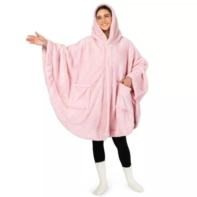 Thickened hooded cloak bathrobe in polyester, shown in black, dark grey, and pink colour options.