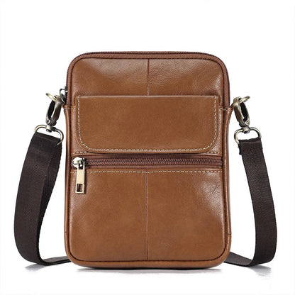 Men's brown genuine leather crossbody shoulder bag with visible stitching.