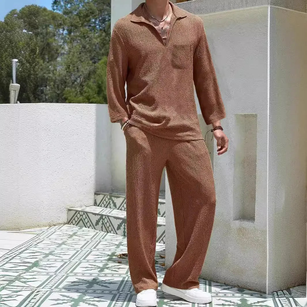Men's casual shirt trousers commuter suit in lake blue colour with polyester fabric for autumn wear.