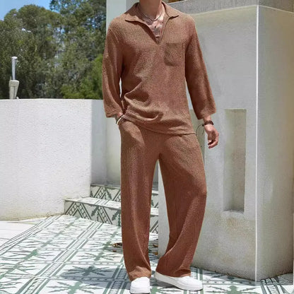 Men's casual shirt trousers commuter suit in lake blue colour with polyester fabric for autumn wear.