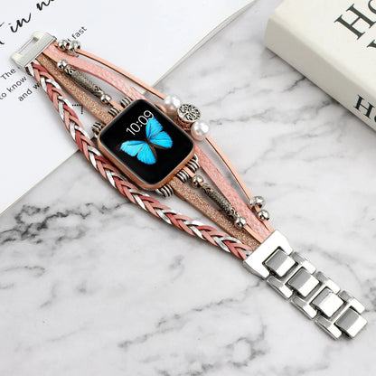 Vintage metal leather beaded watch strap for Apple Watch in 38mm to 45mm, shown in Silver, Beige, Black or Pink