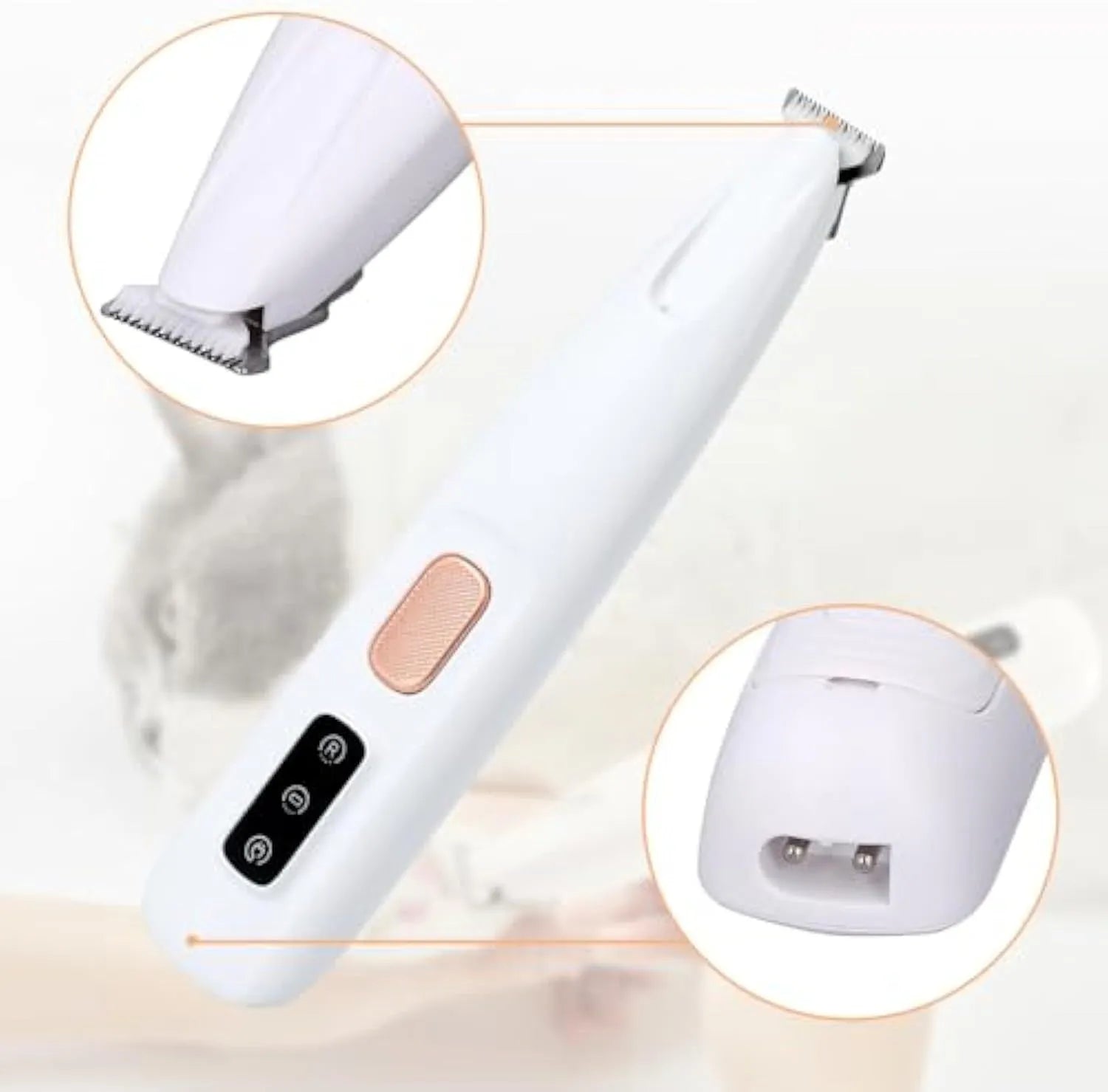 White rechargeable electric dog paw trimmer with LED light on a grey surface.