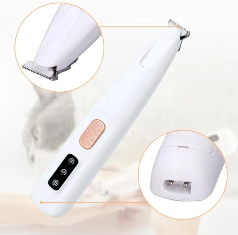 Dog paw trimmer electric rechargeable low-noise pet nail clipper with LED light for precise grooming of dog paws and small pet claws, suitable for at-home grooming with a compact design in white colour measuring 17.7 x 6.2 x 3.4 cm and weighing 130 grams.