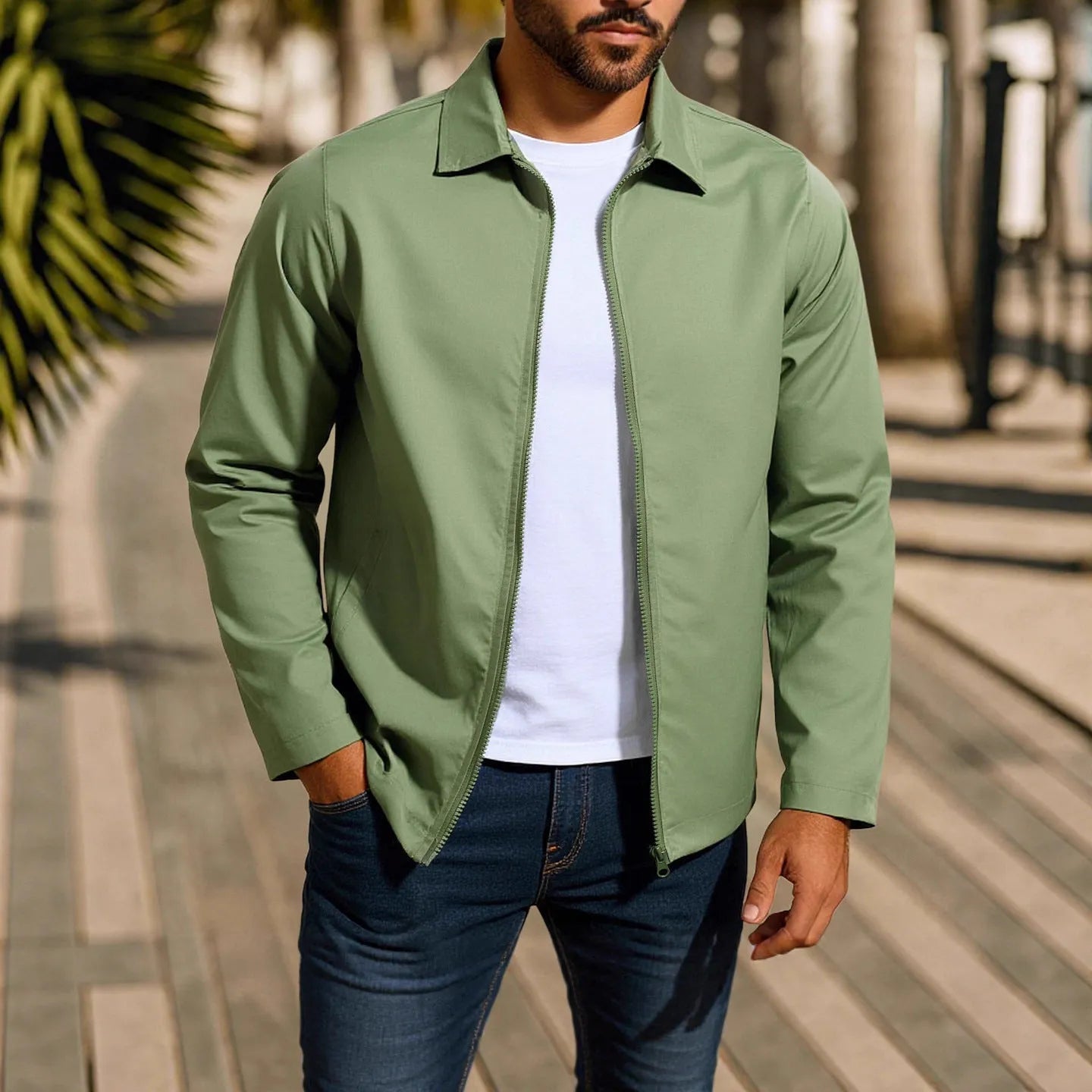 Men's green zip-up cardigan jacket with raglan sleeves on a hanger.