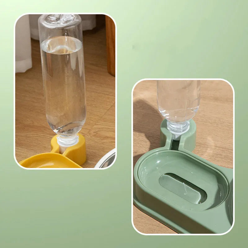 Brown elevated pet feeding bowl with attached water bottle for cats and small dogs on a wooden floor.