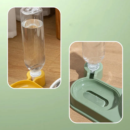 Brown elevated pet feeding bowl with attached water bottle for cats and small dogs on a wooden floor.