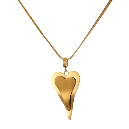 Stainless steel geometric necklace with double heart snake bones pendant in gold or steel colour