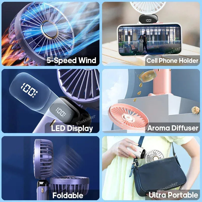 Blue foldable mini handheld electric fan showing its LED display and hanging lanyard.