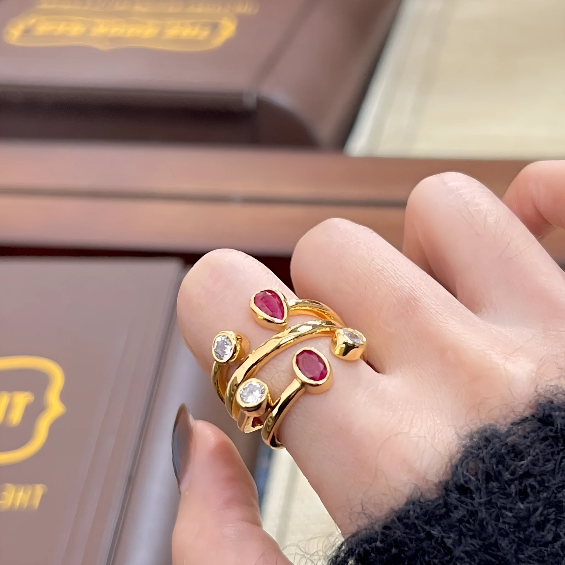 Retro geometric cross diamond ring in two-tone red and white colour