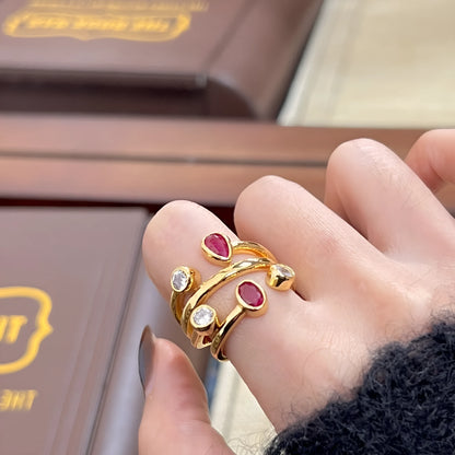 Retro geometric cross diamond ring in two-tone red and white colour