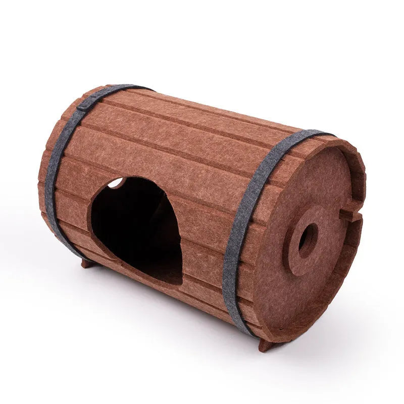 Assembled wine barrel shaped cat bed made from grey polyester felt board.