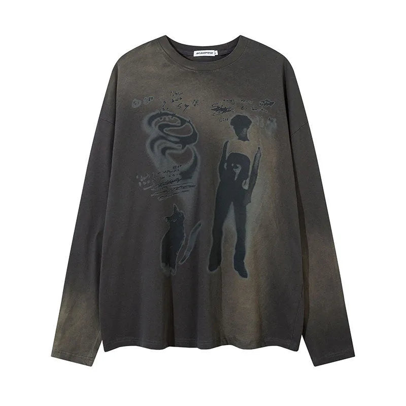 Loose casual drop-shoulder pullover top in dark grey or pink cotton for men and women, available in Asian sizes S M L XL XXL, featuring long sleeves and a relaxed fit for versatile leisure wear