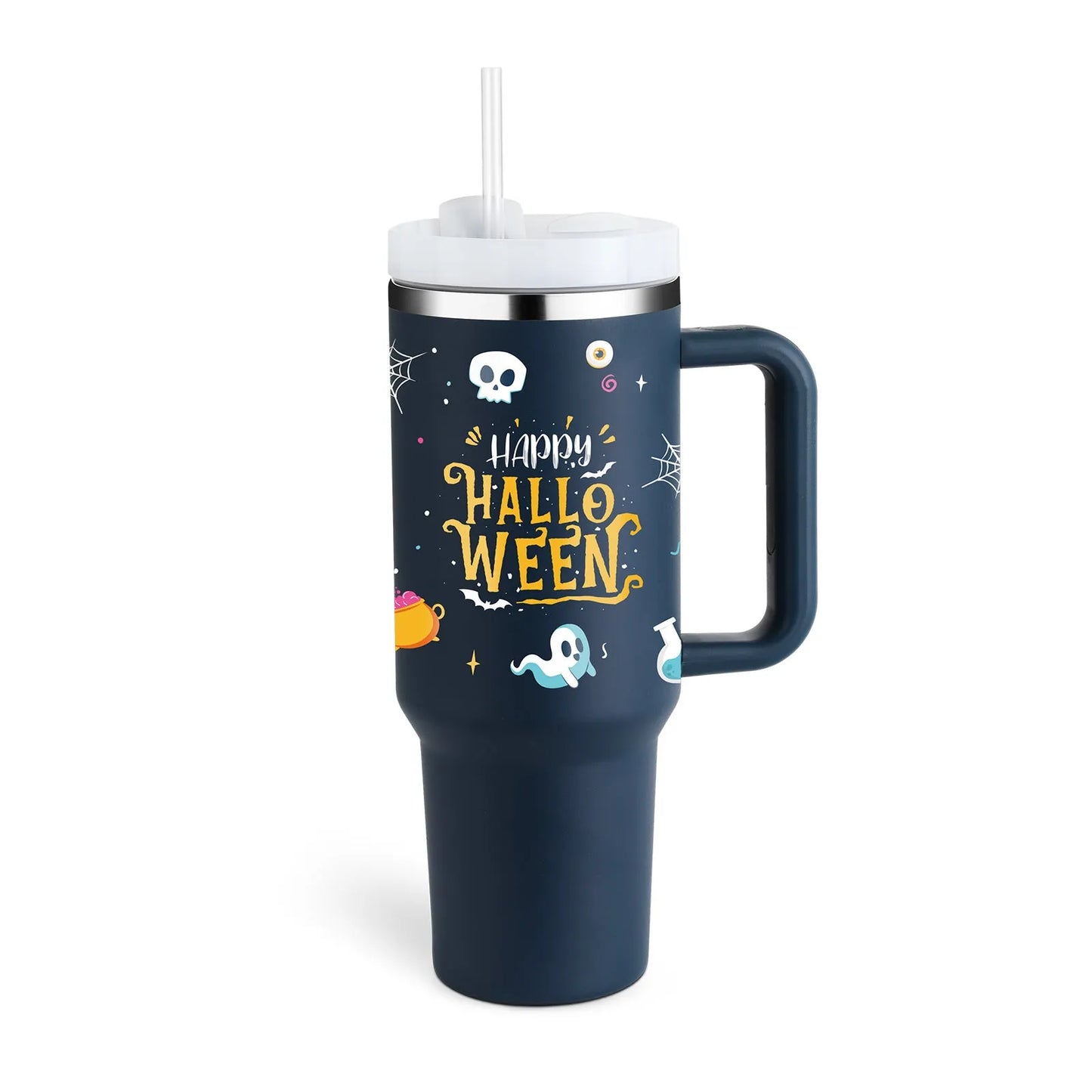 40oz stainless steel tumbler with handle and straw in various colour options showing tapered shape and spill-proof lid