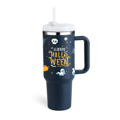 40oz stainless steel tumbler with handle and straw in various colour options showing tapered shape and spill-proof lid