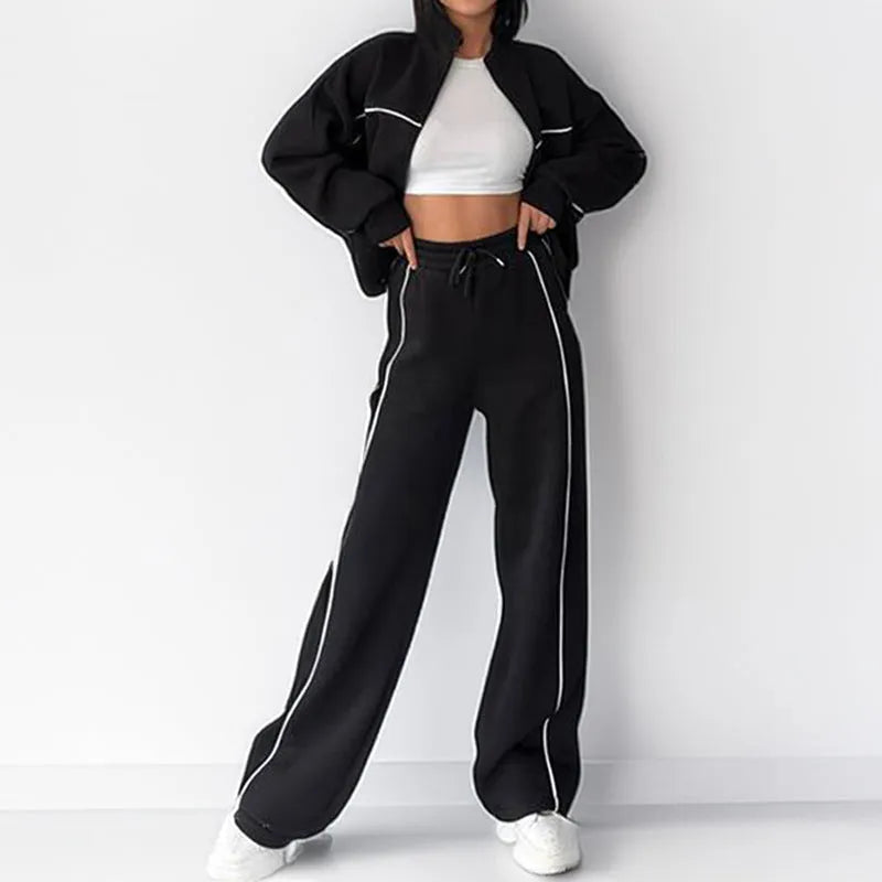 Women's casual suit with long sleeve mock neck hoodie and striped lace-up trousers in apricot colour