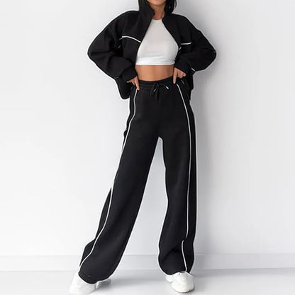 Women's casual suit with long sleeve mock neck hoodie and striped lace-up trousers in apricot colour
