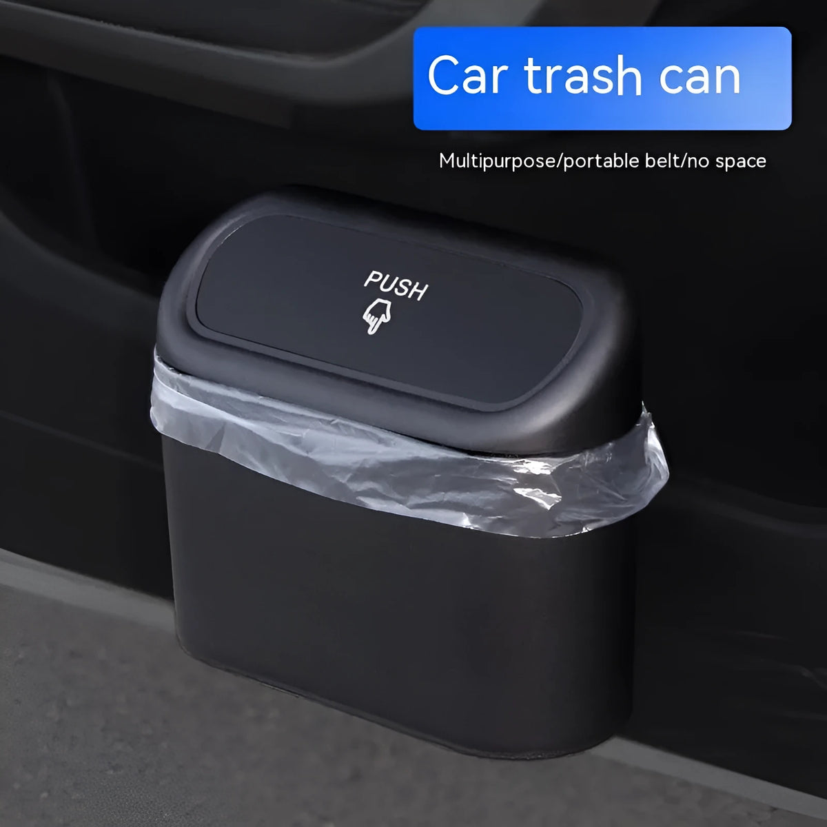 Black folding car trash can with handle mounted on vehicle seat