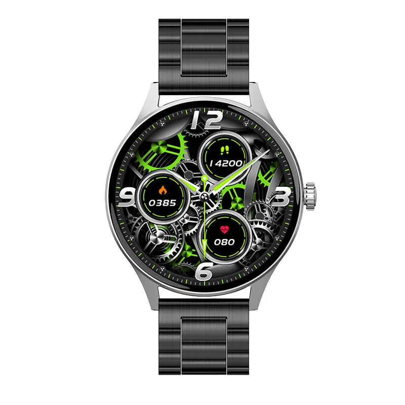 Smart watch with blood sugar and heart rate monitoring on wrist showing AMOLED display