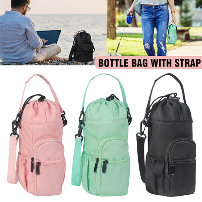 Black cloth crossbody water bottle pouch bag holding a reusable flask.