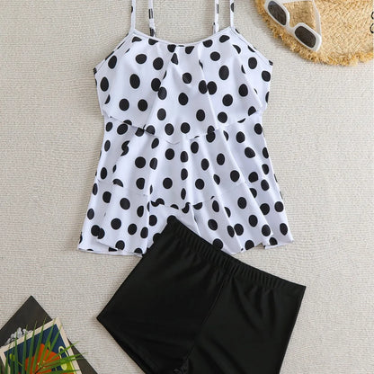Women's black and white split swimsuit with double-shoulder straps and high-waist briefs