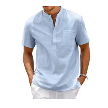 Men's solid colour short sleeve polo shirt with stand collar and loose fit, bird eye cloth, summer top.
