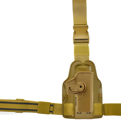 Green tactical leg holster with plastic quick-pull waist plate for attaching a hydration pack.