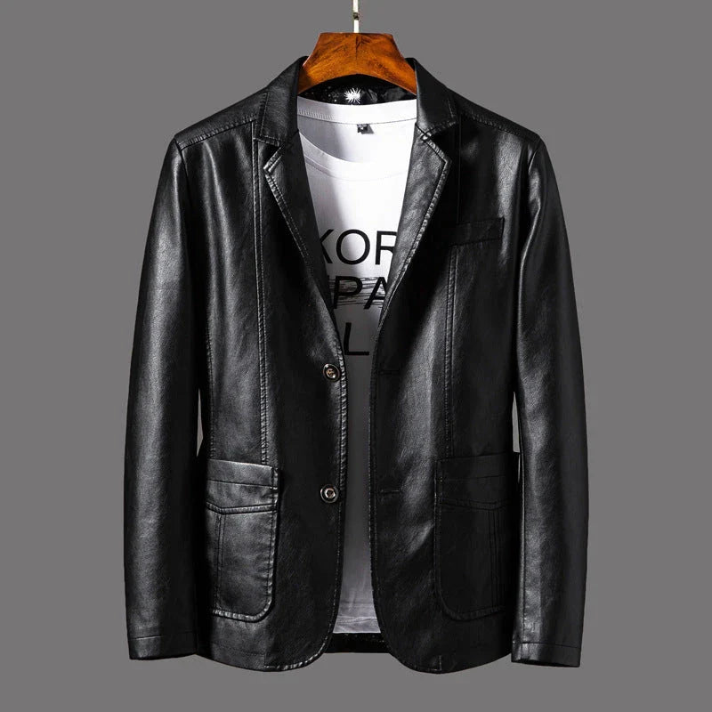 Premium leather jacket for men in orange, red, and black colors with a classic collar, studded lapels, and quilted sleeves
