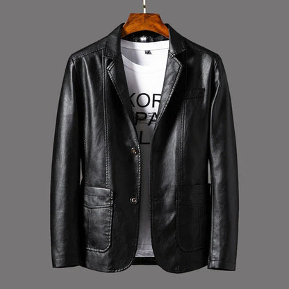 Premium leather jacket for men in orange, red, and black colors with a classic collar, studded lapels, and quilted sleeves