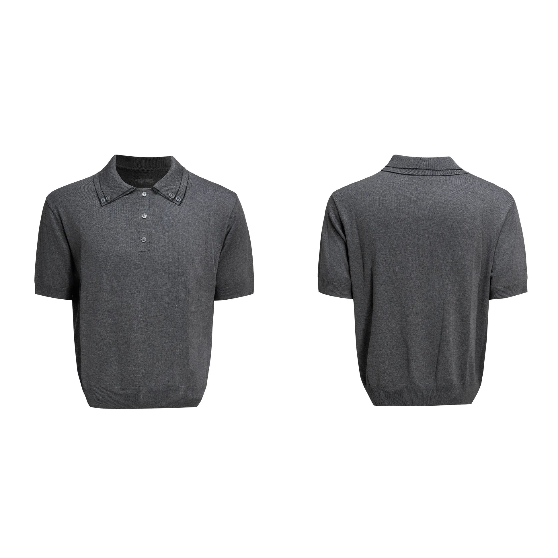 Men's slim knit short sleeve shirt with double collar design in black colour