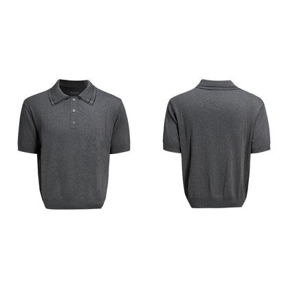 Men's slim knit short sleeve shirt with double collar design in black colour
