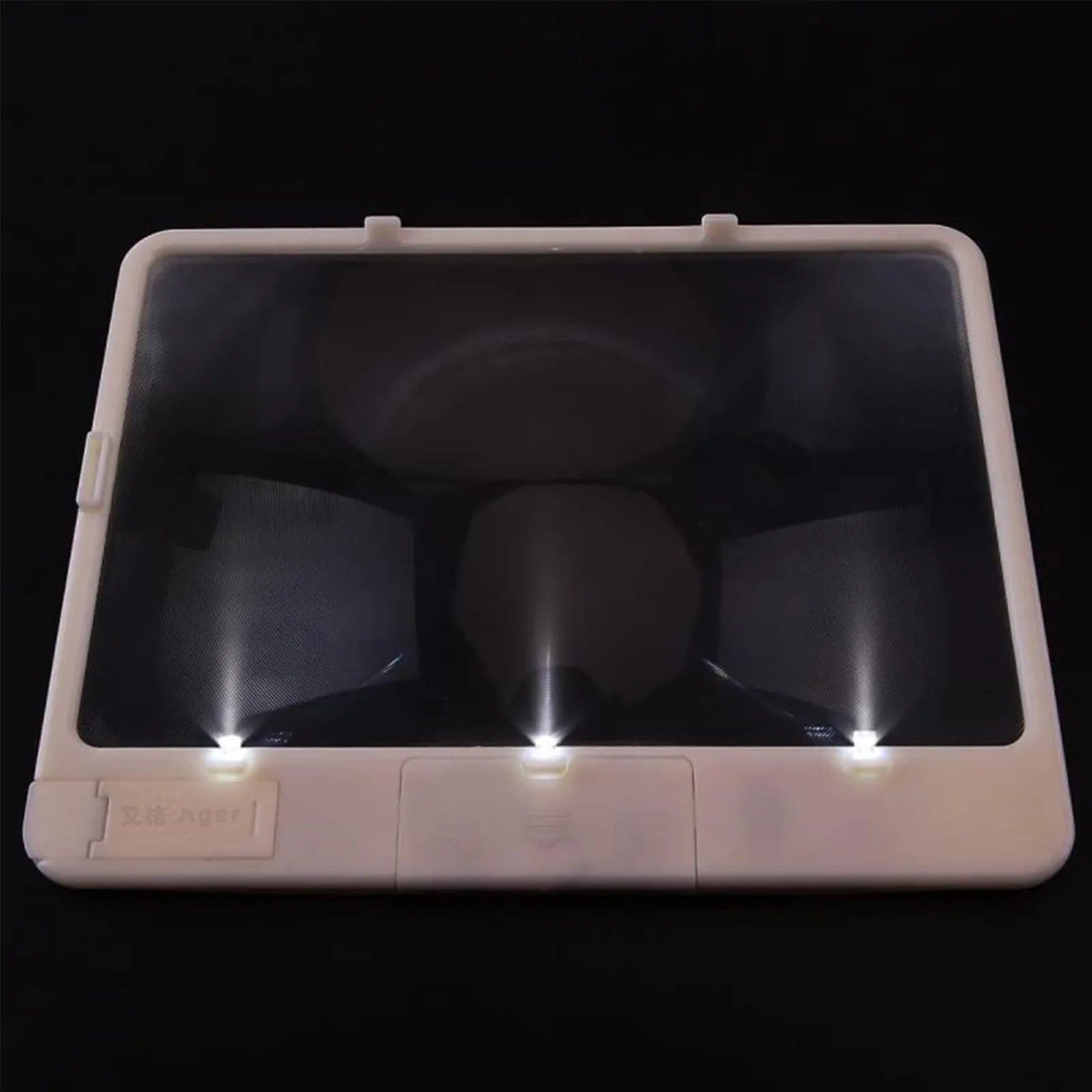 Black desktop LED magnifying glass with 3x magnification and a large 180x140mm PVC lens lit by three white LEDs.