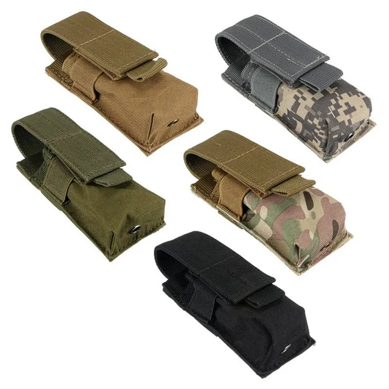 Black tactical MOLLE waist pouch with elastic cord closure, shown mounted on a belt next to a pistol magazine.
