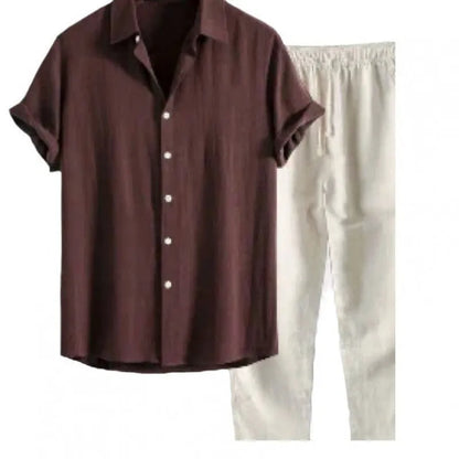 Men's casual loose fit short sleeve shirt and trousers suit in linen-look polyester fabric, available in multiple colours