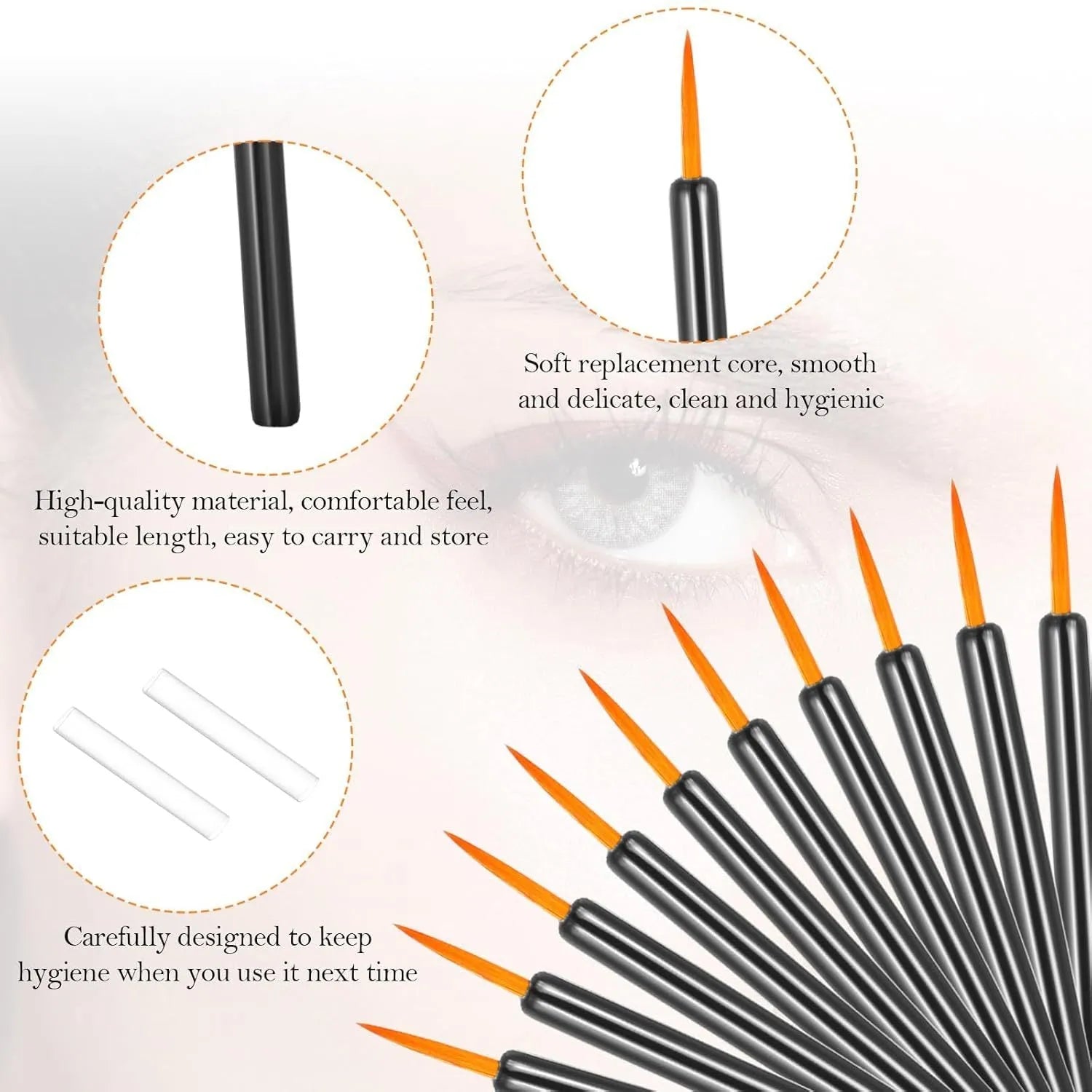 Pack of 100 black-handled disposable eyeliner brushes with ultra-fine tips and clear plastic sleeves.
