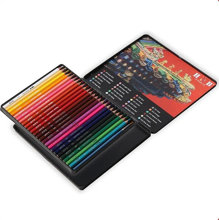 Metal tin box open to show 24 water-soluble coloured pencils with brush tips in assorted colours.