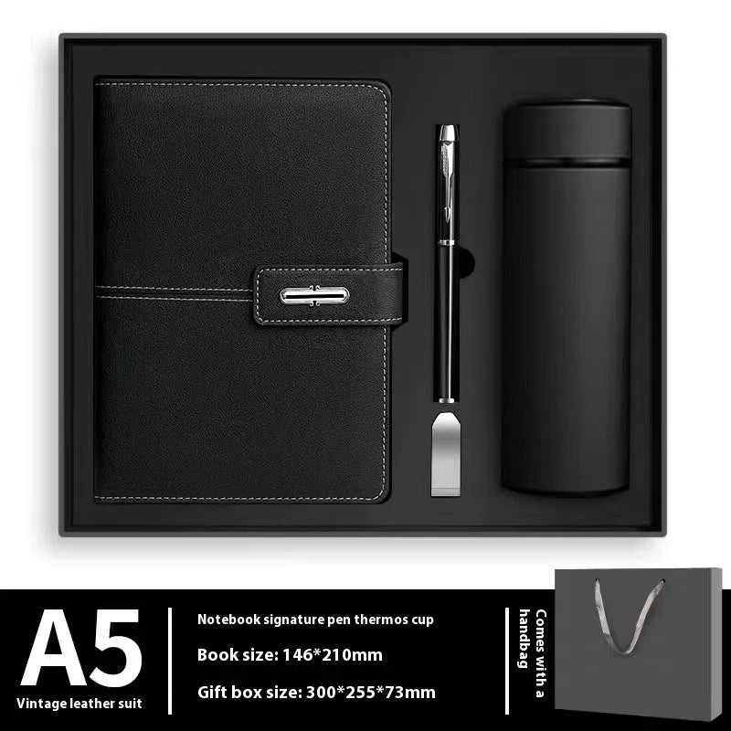 A5 notebook with imitation leather cover in colour options including black, red, green, blue, and orange.