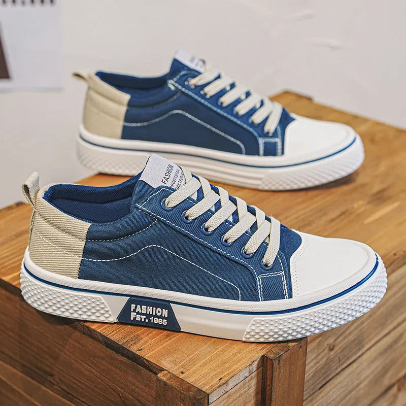 Men's canvas skate shoes in blue with PVC soles and lace-up front