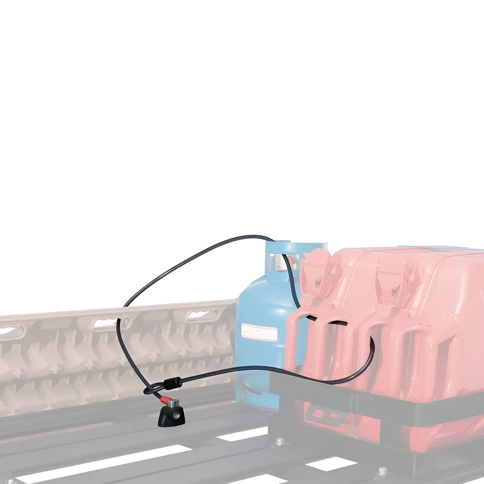 Steel cable lock with plastic sheath for securing equipment to a vehicle roof platform.