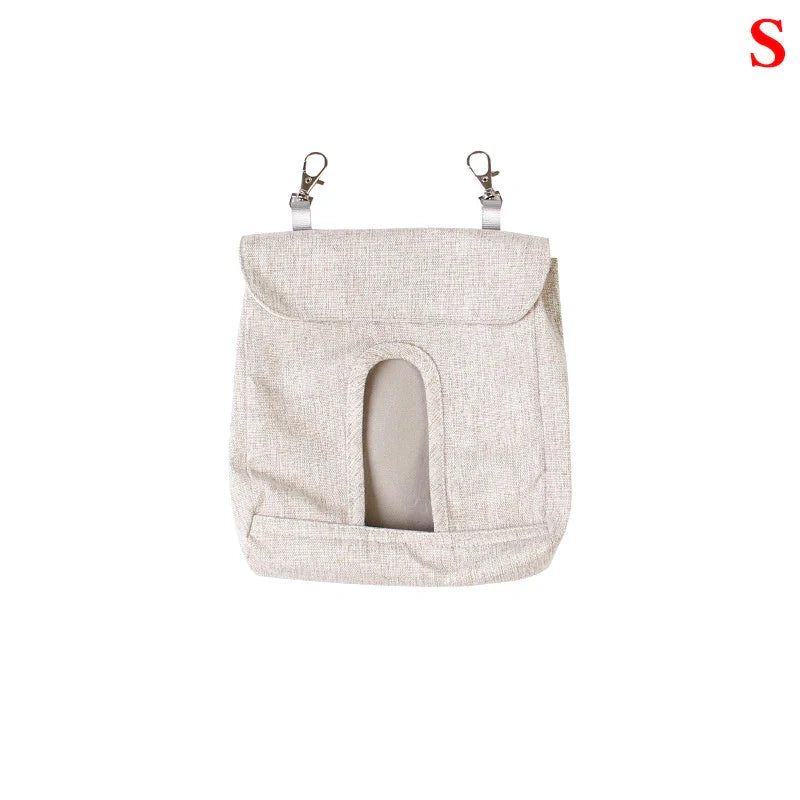 Durable cloth feed bag for small pets including rabbits, guinea pigs, and hamsters in grey and blue.