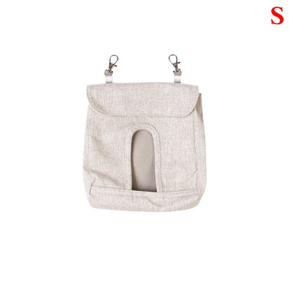 Durable cloth feed bag for small pets including rabbits, guinea pigs, and hamsters in grey and blue.