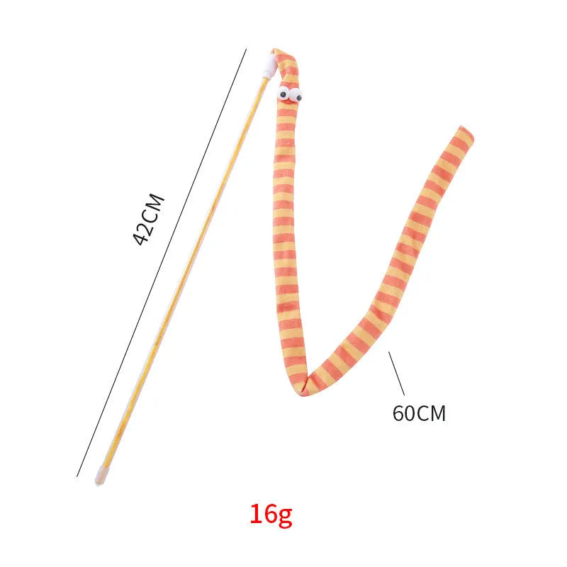 Interactive cat wand toy with a polycarbonate handle and a long green plush strip with a bell.
