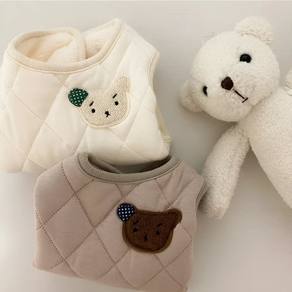 Quilted pet vest for small dogs with bear patch and polka-dot ears, padded dog gilet in cream or beige, sizes XS to XL.