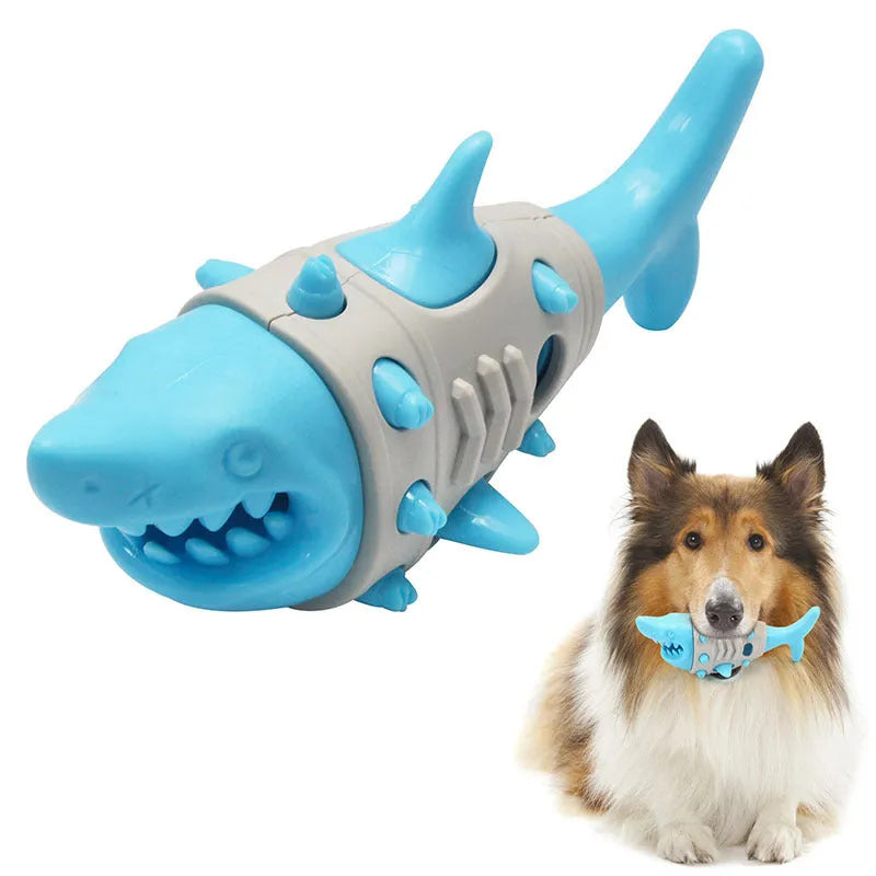 Blue, grey, and yellow plastic dog teething toy with shark-tooth texture and venting holes.