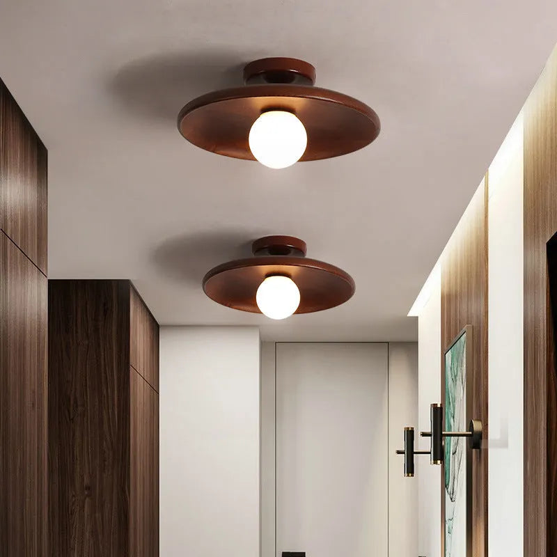 Solid wood minimalist ceiling lamp with glass shade in wood or walnut finish