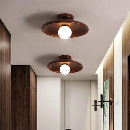Solid wood minimalist ceiling lamp with glass shade in wood or walnut finish