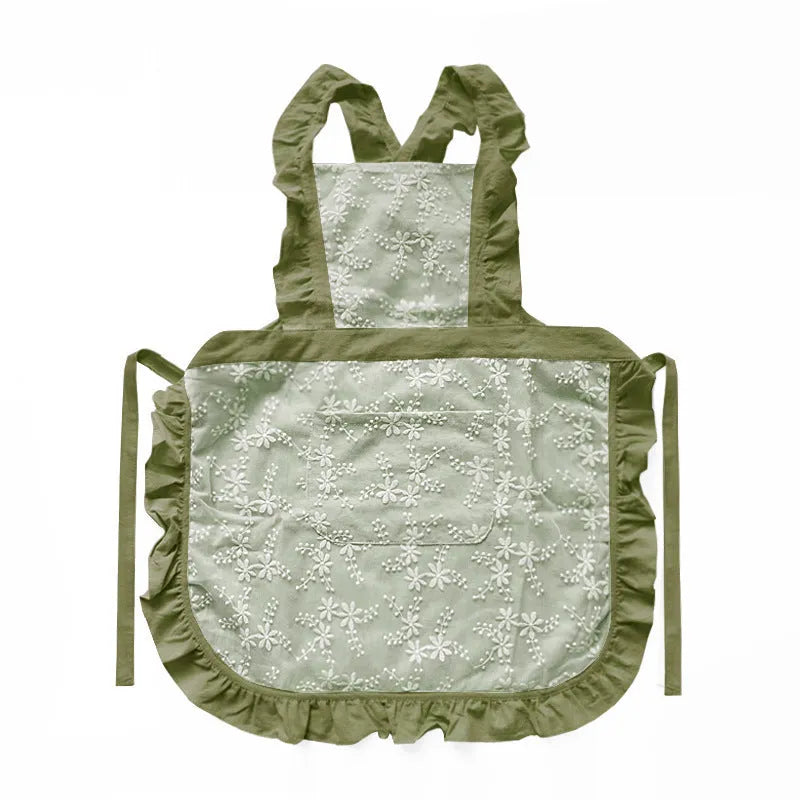 Cotton linen kitchen apron with lace-trimmed X straps in solid colour
