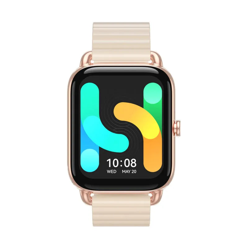 HAYLOU RS4 Plus smartwatch in black on wrist, showing AMOLED display with fitness stats.