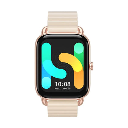 HAYLOU RS4 Plus smartwatch in black on wrist, showing AMOLED display with fitness stats.