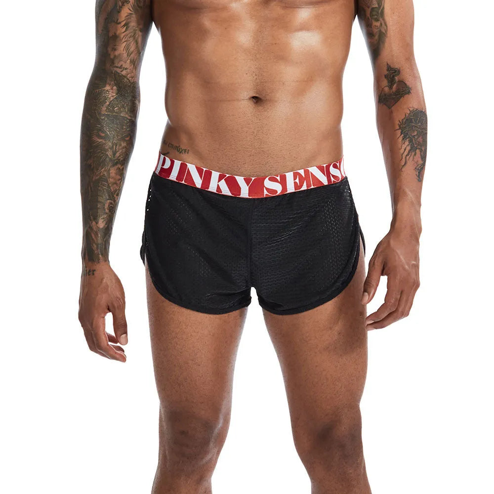 Men's solid colour breathable mesh boxer briefs on a mid waist, showing the fabric texture.